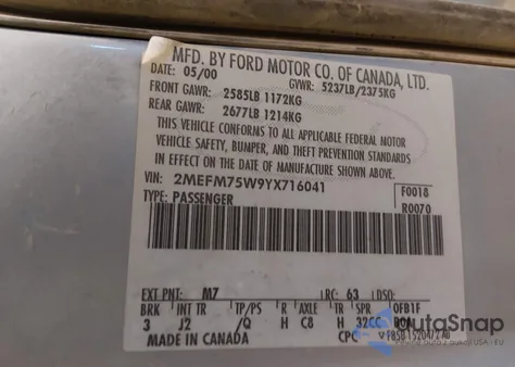 2000 Mercury Grand Marquis Ls from USA, damaged, VIN 2MEFM75W9YX716041